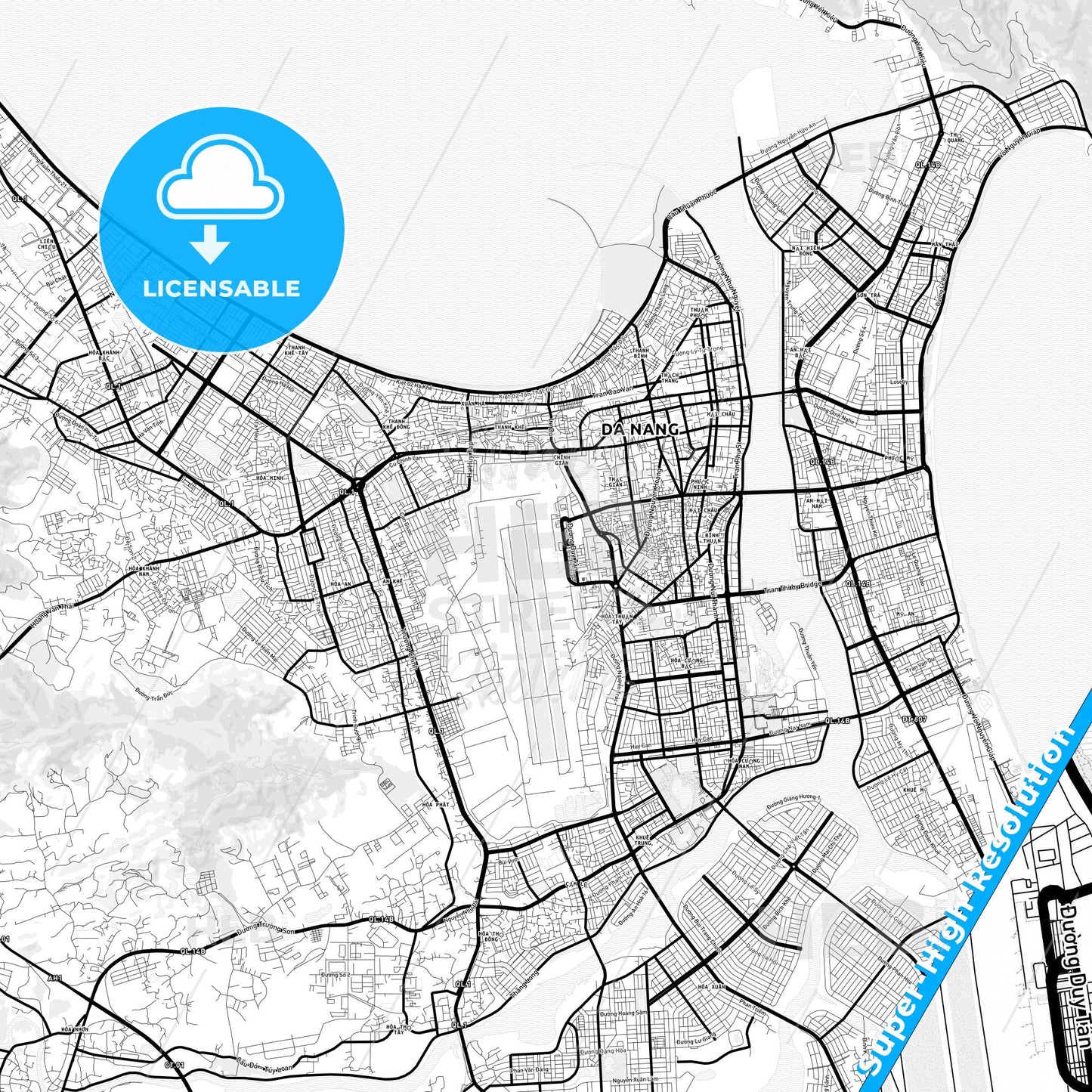 Da Nang, Vietnam Light Map with Street Names, City Names, and Districts
