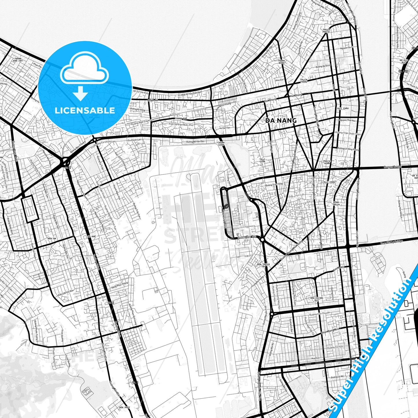 Da Nang, Vietnam Light Map with Street Names, City Names, and Districts