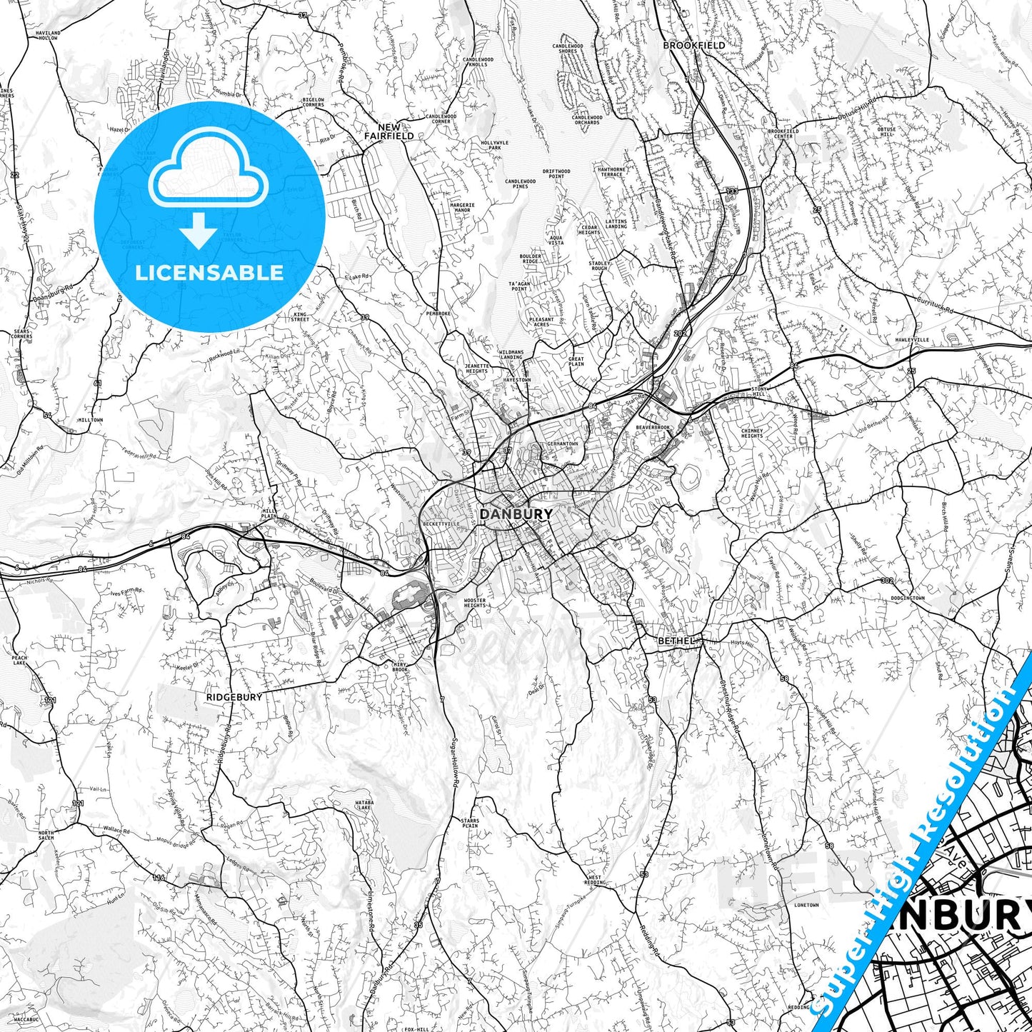 Danbury, Connecticut light map with streetnames, citynames and districts