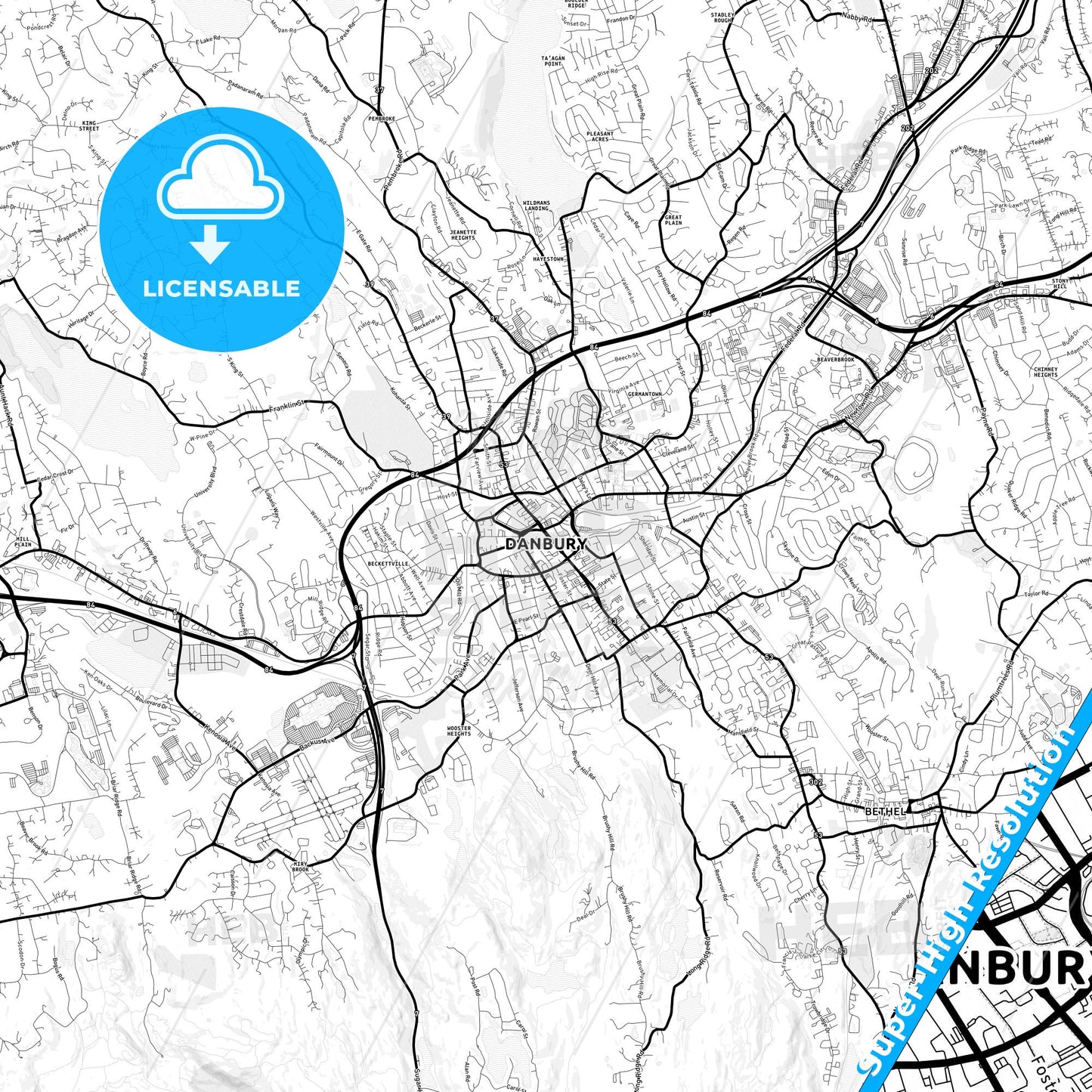 Danbury, Connecticut Light Map with Street Names, City Names, and Districts