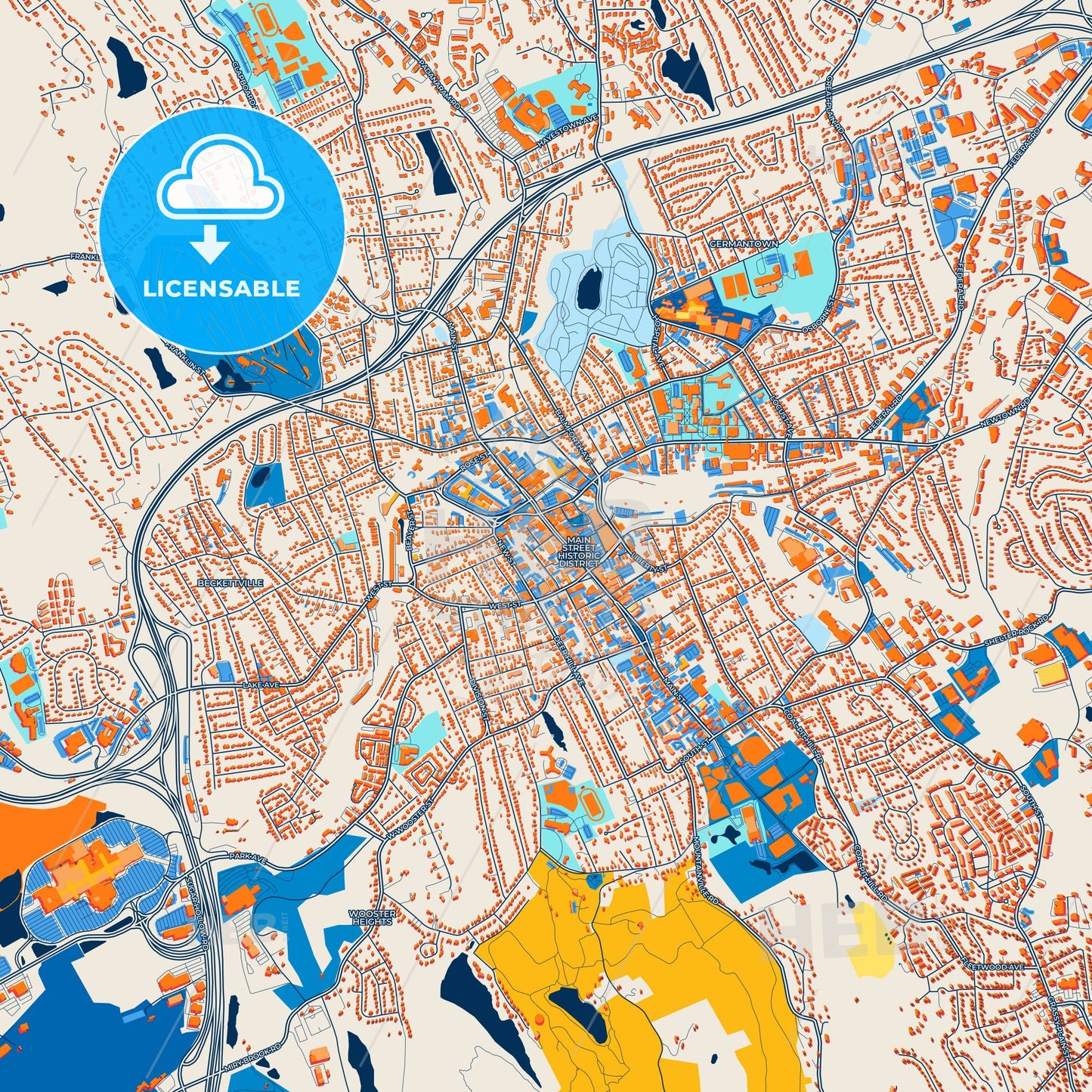 Colorful Danbury Street Map with Labels and Buildings
