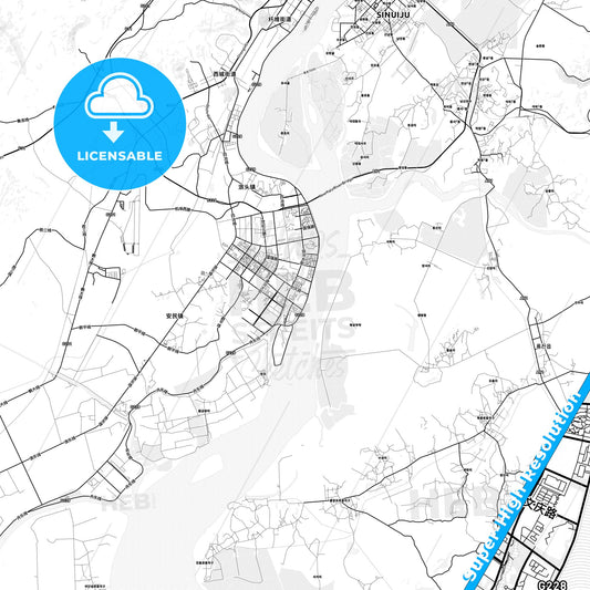 Dandong, China light map with streetnames, citynames and districts