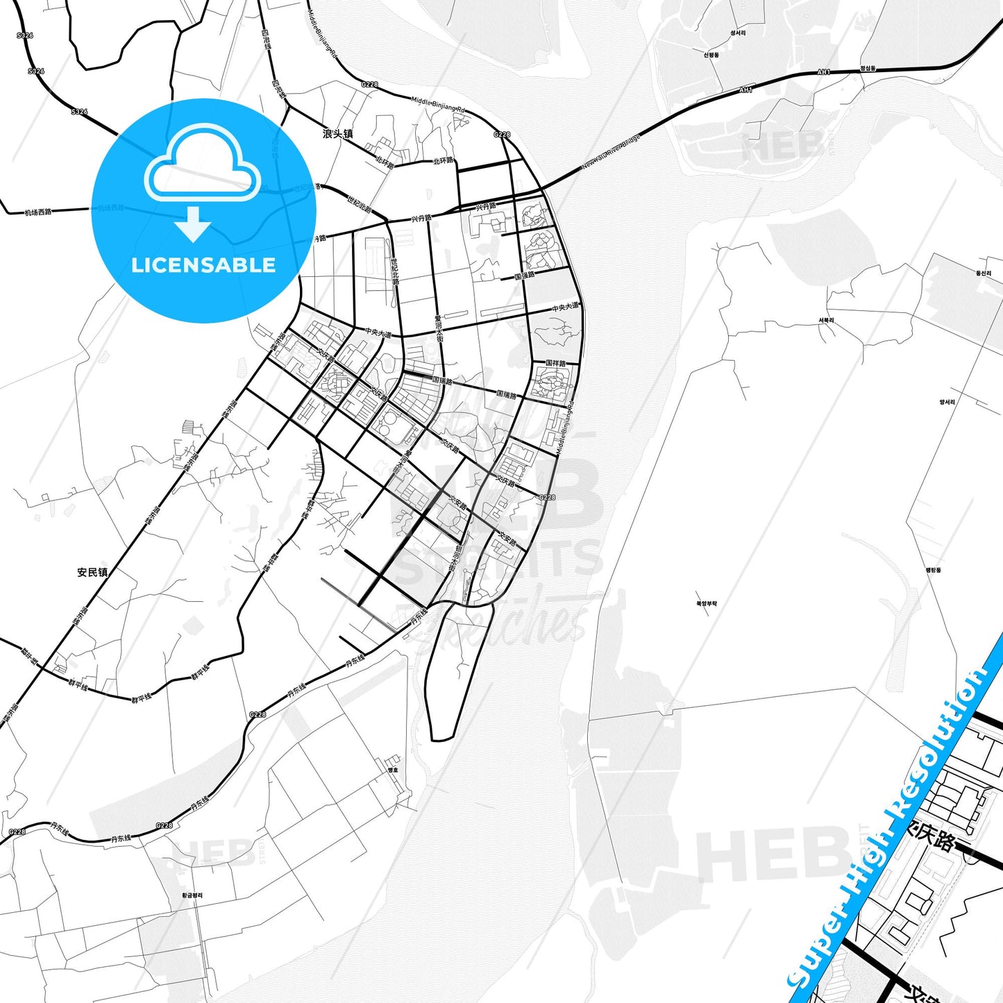 Dandong, China Light Map with Street Names, City Names, and Districts