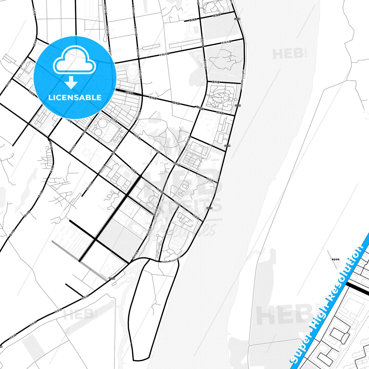 Dandong, China Light Map with Street Names, City Names, and Districts