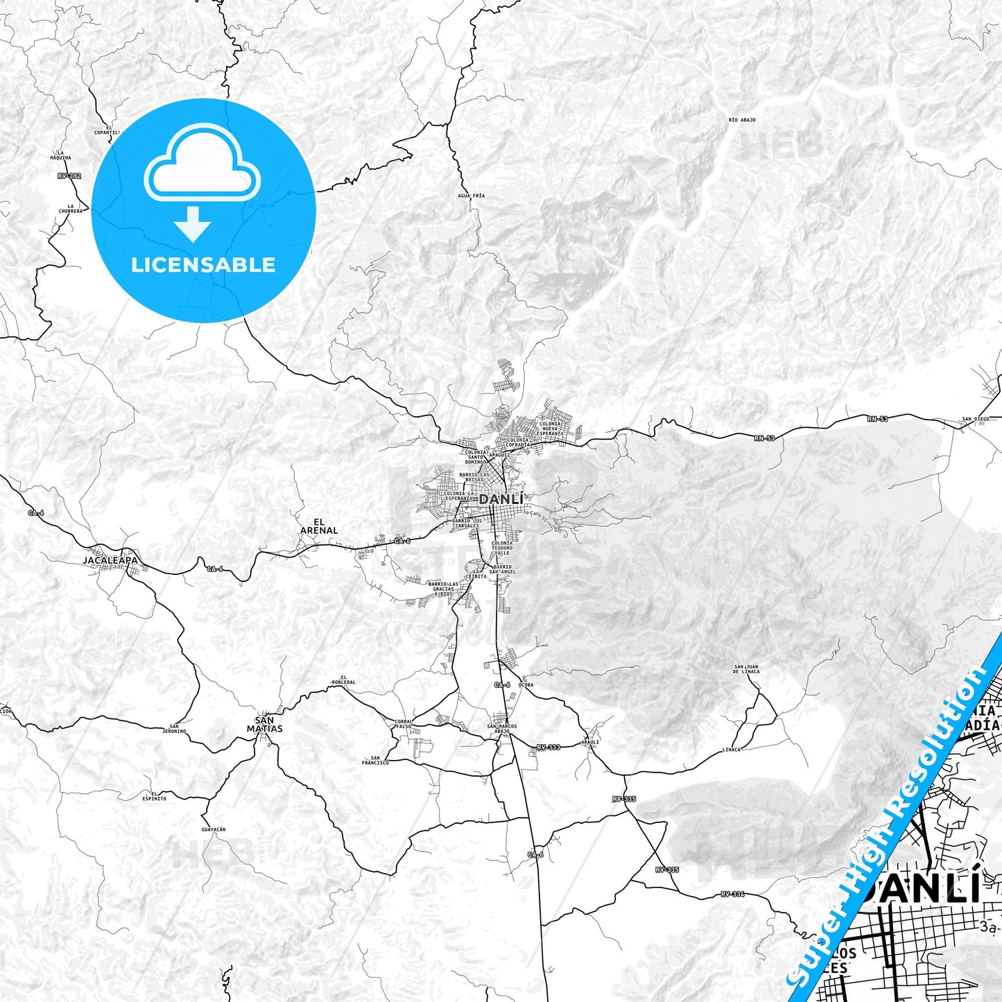 Danlí, Honduras light map with streetnames, citynames and districts