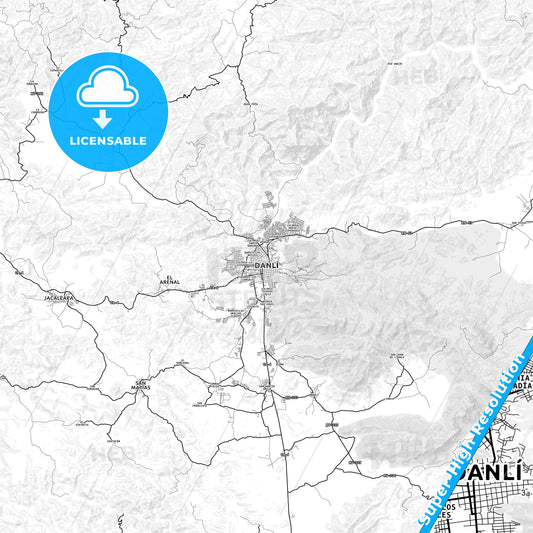 Danlí, Honduras light map with streetnames, citynames and districts