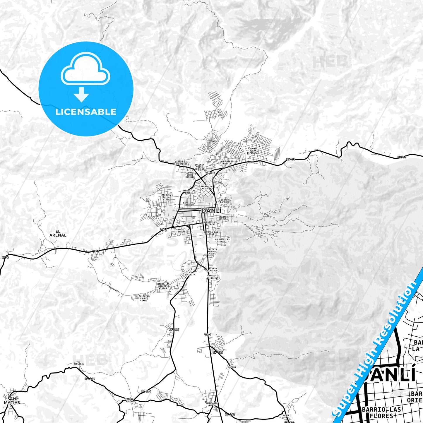 Danlí, Honduras Light Map with Street Names, City Names, and Districts