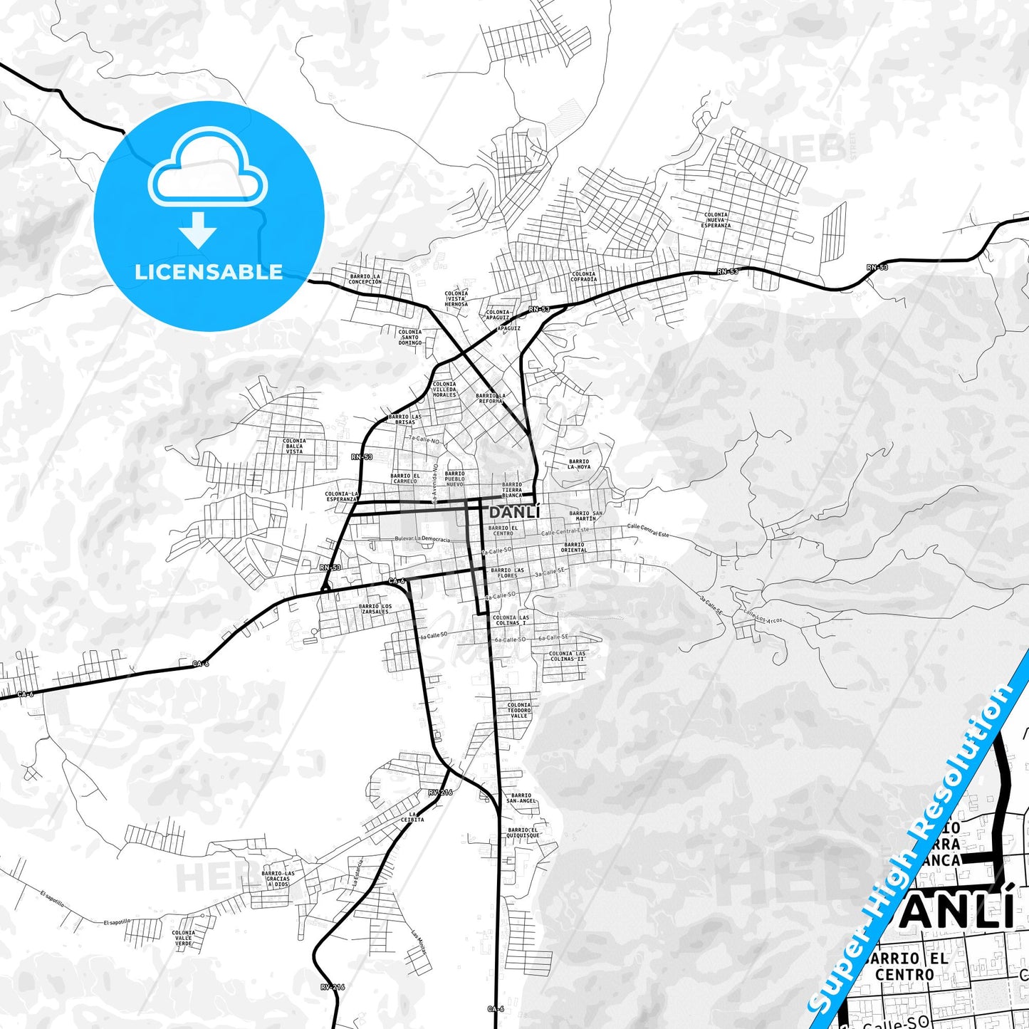 Danlí, Honduras Light Map with Street Names, City Names, and Districts