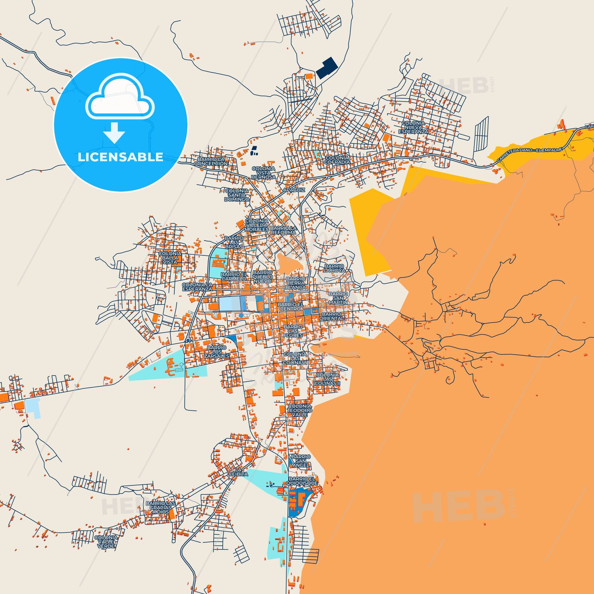 Colorful Danlí Street Map with Labels and Buildings
