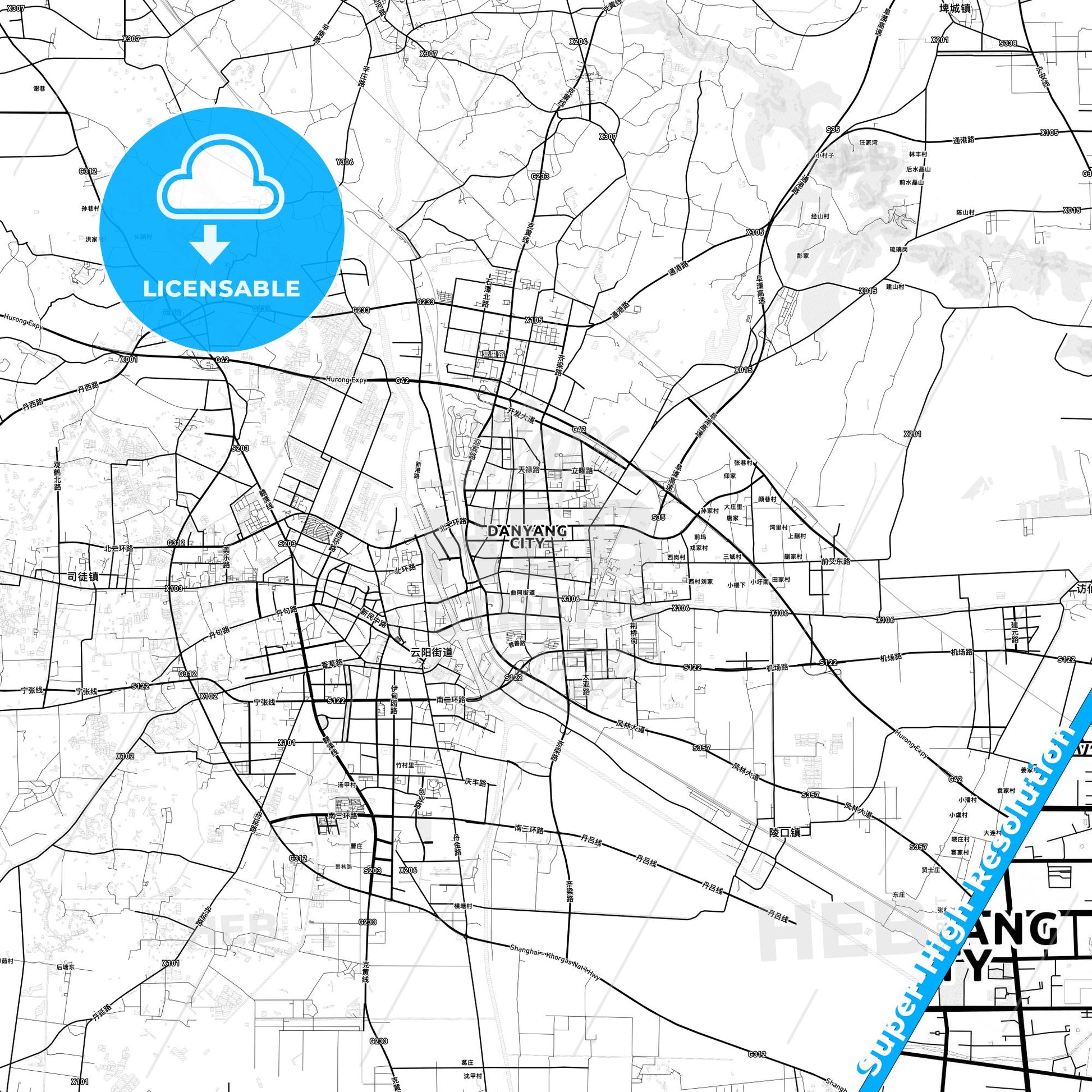 Danyang, China light map with streetnames, citynames and districts