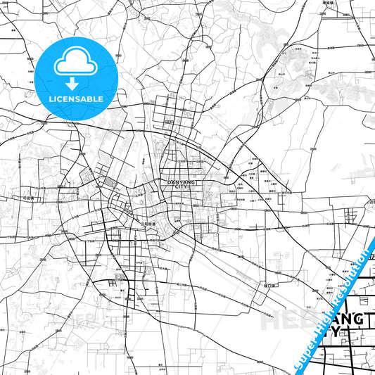 Danyang, China light map with streetnames, citynames and districts