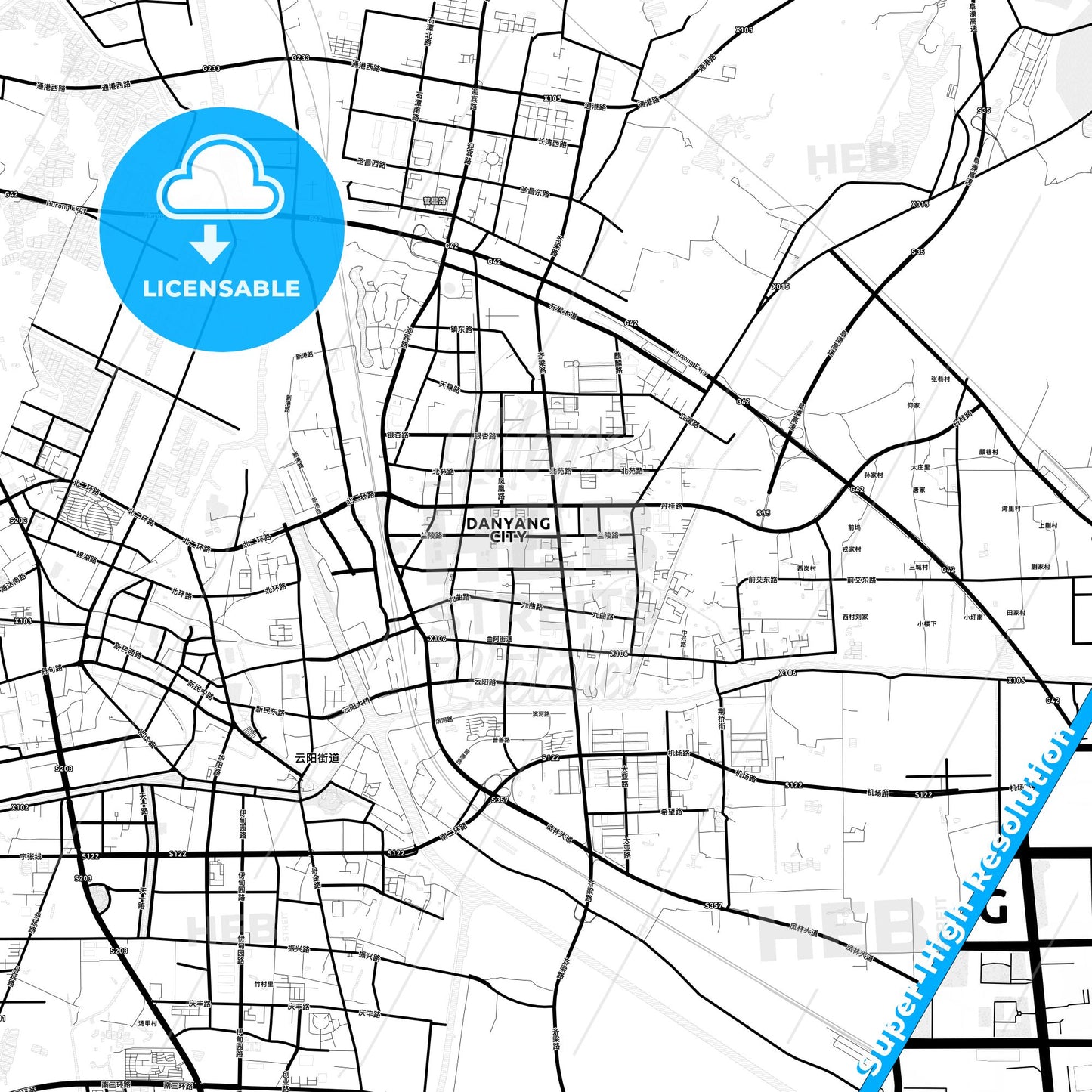 Danyang, China Light Map with Street Names, City Names, and Districts