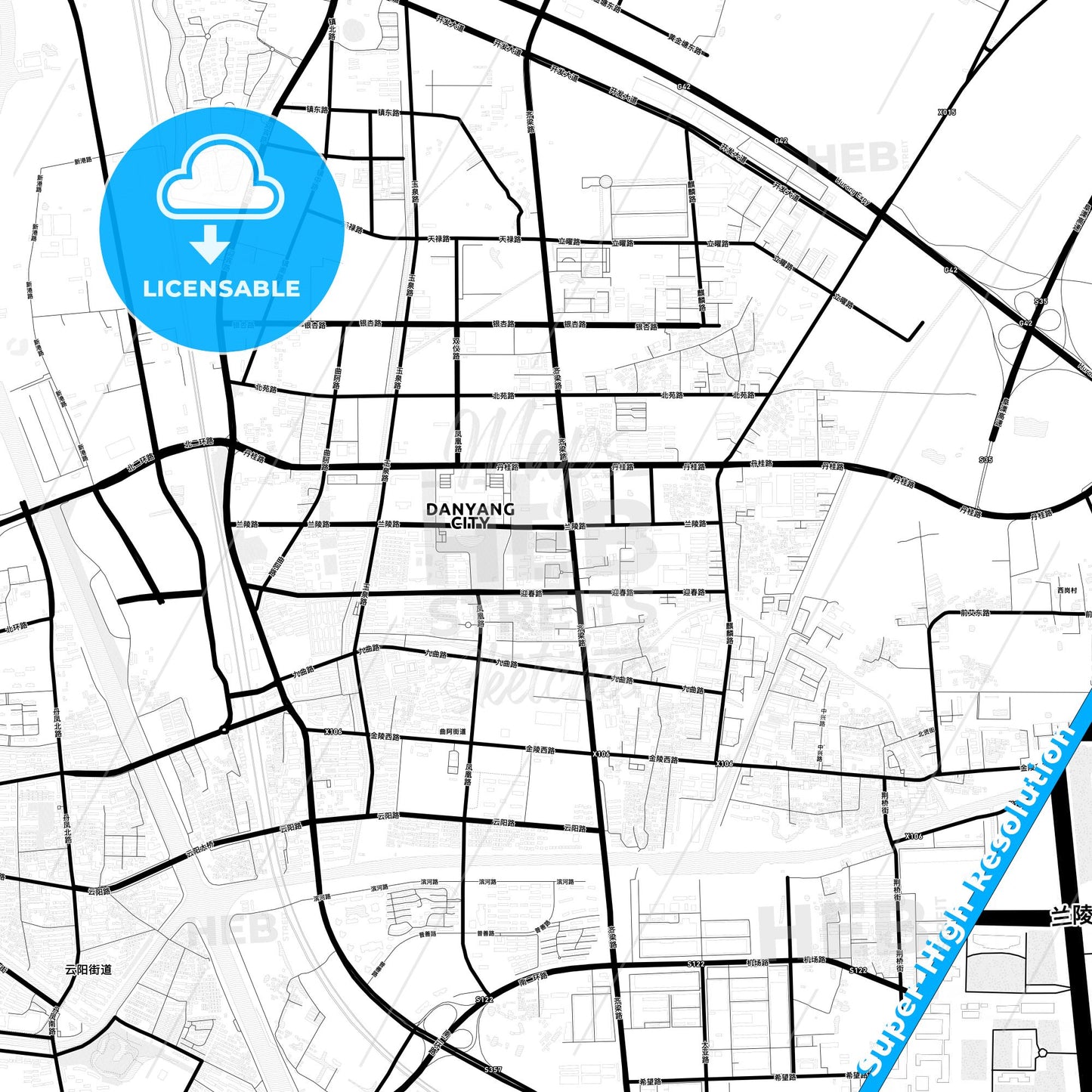 Danyang, China Light Map with Street Names, City Names, and Districts