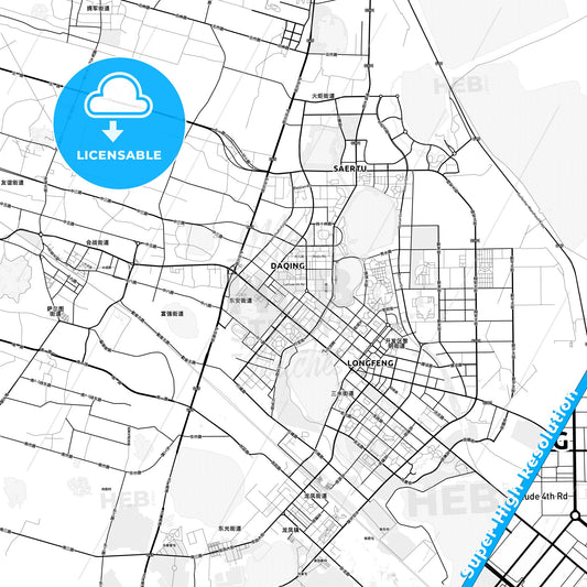 Daqing, China light map with streetnames, citynames and districts