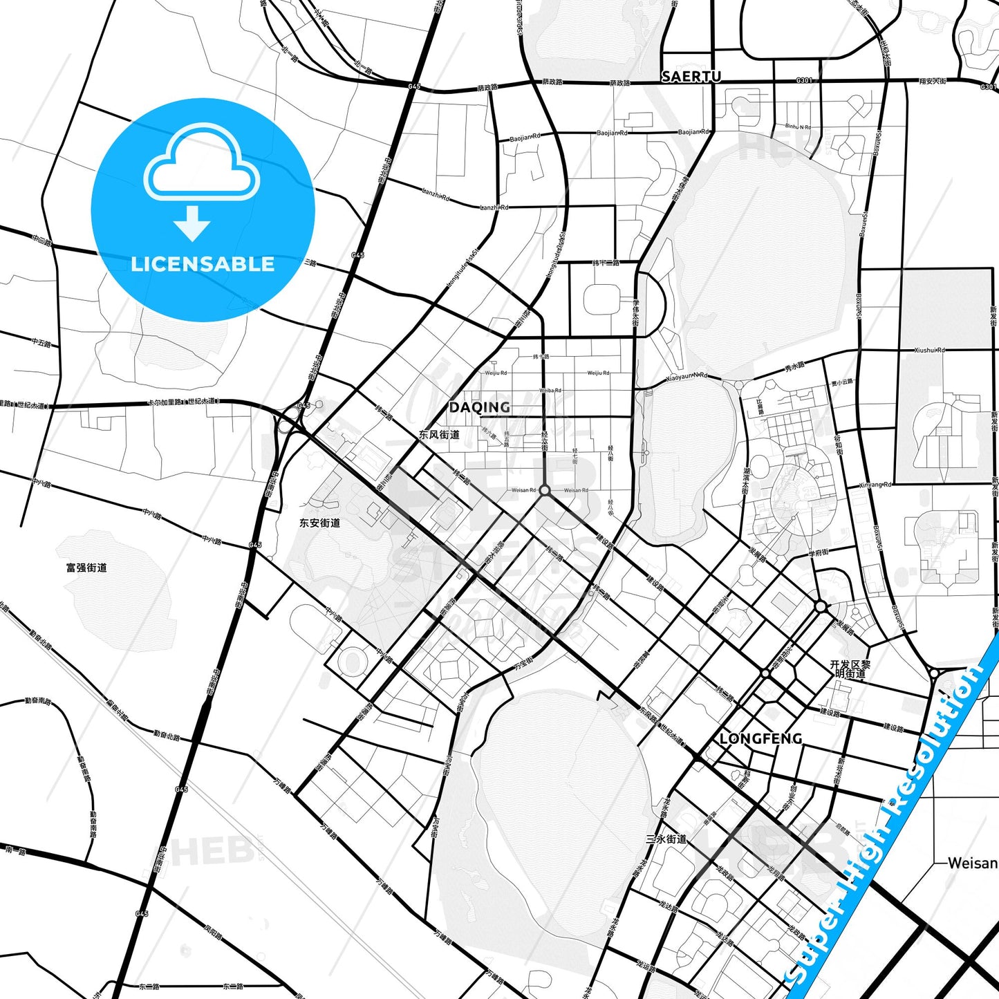Daqing, China Light Map with Street Names, City Names, and Districts