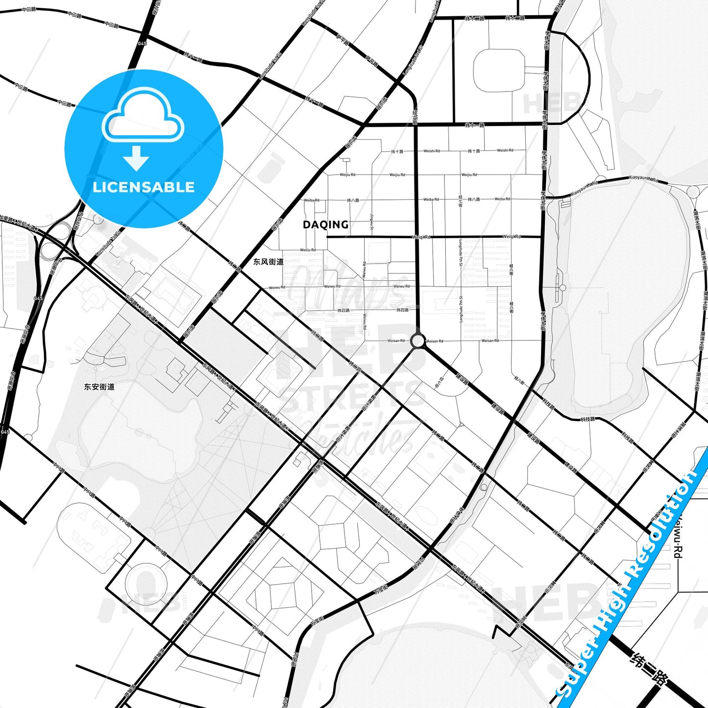 Daqing, China Light Map with Street Names, City Names, and Districts