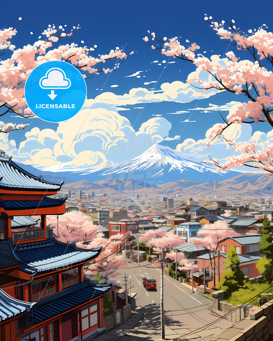 Vibrant Painting of Daqing Skyline with Cherry Blossoms and a Mountain