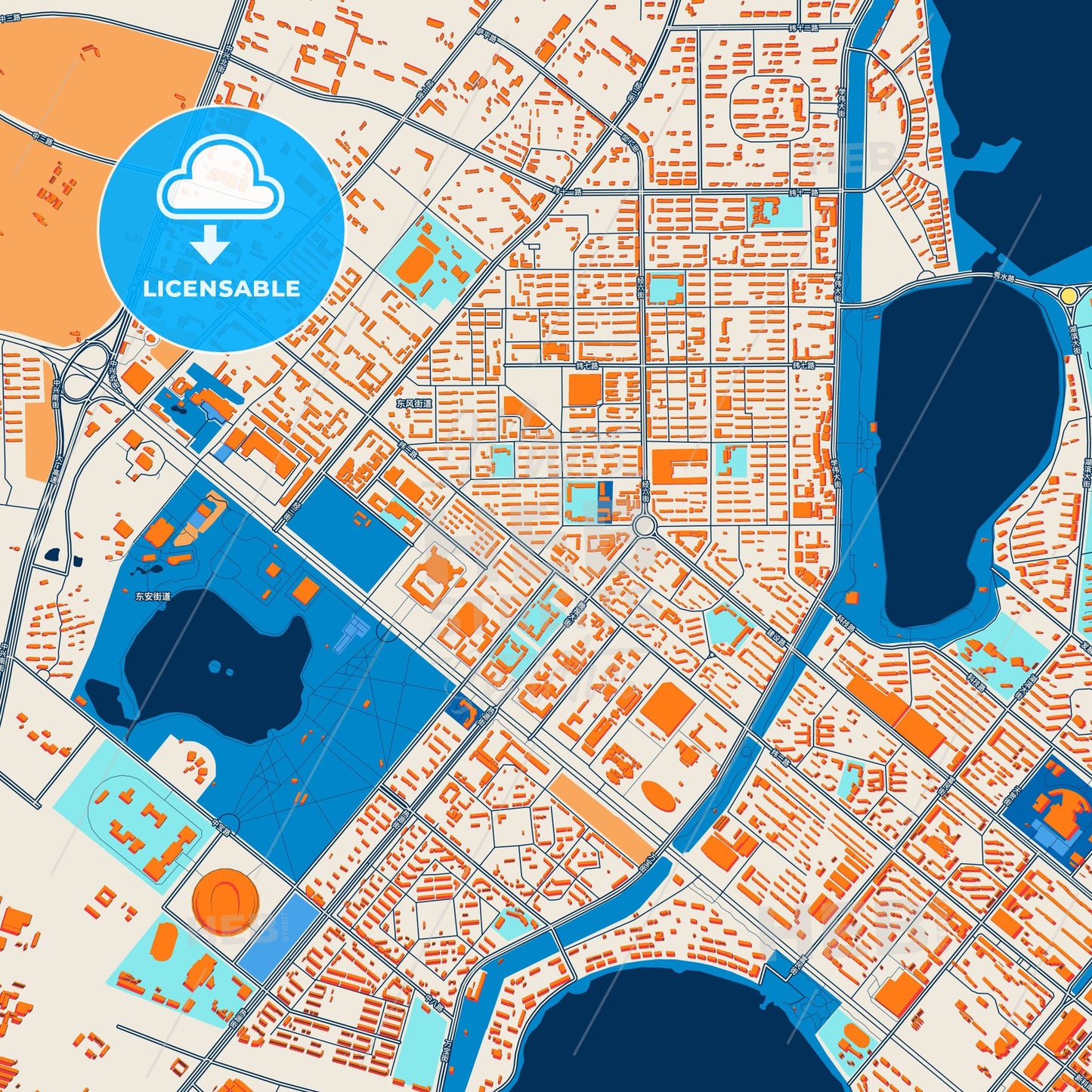 Colorful Daqing Street Map with Labels and Buildings