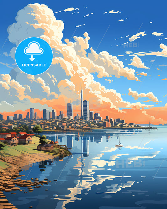 Vibrant Dar es Salaam Tanzania Skyline Painting, City by the Water, Urban Art