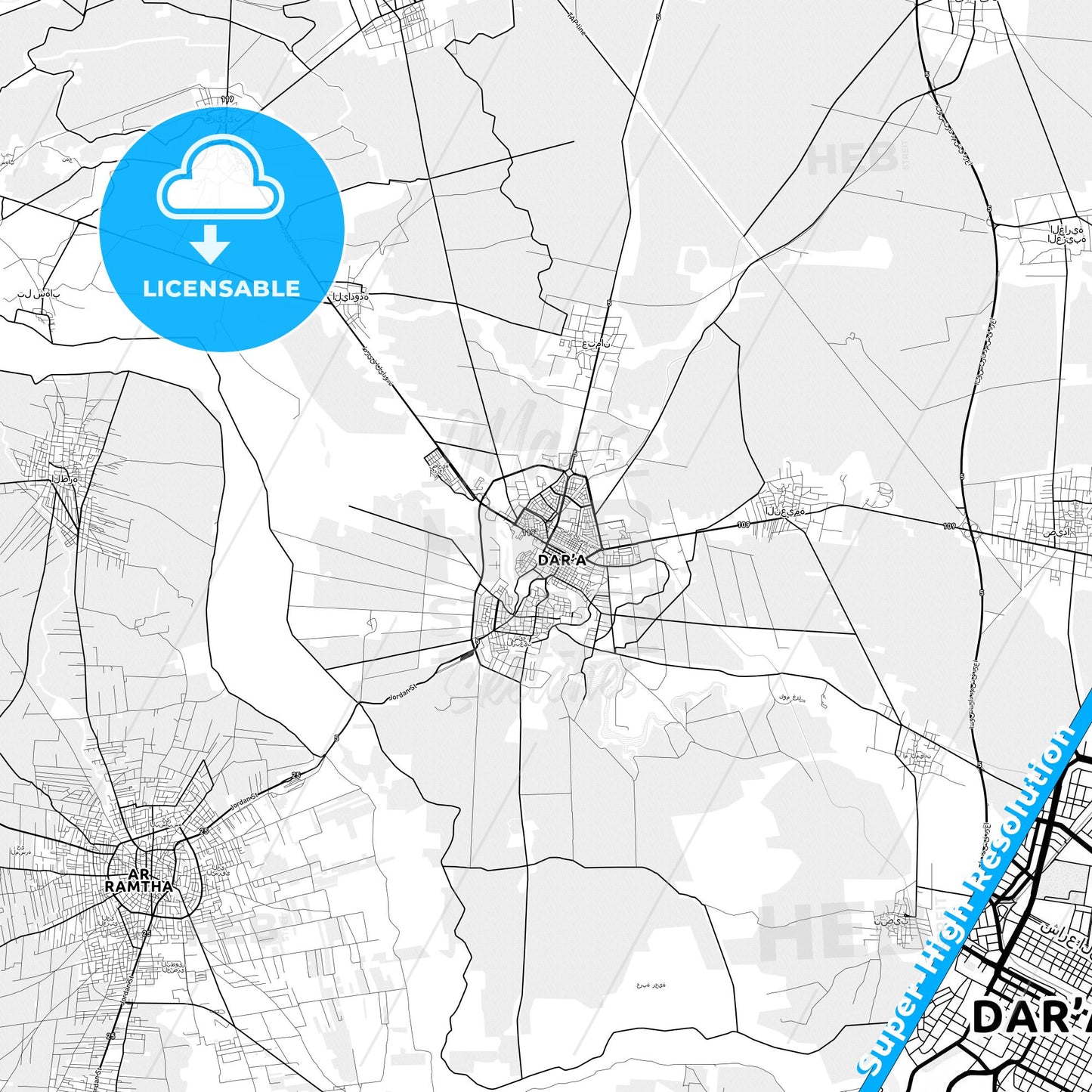 Daraa, Syria light map with streetnames, citynames and districts