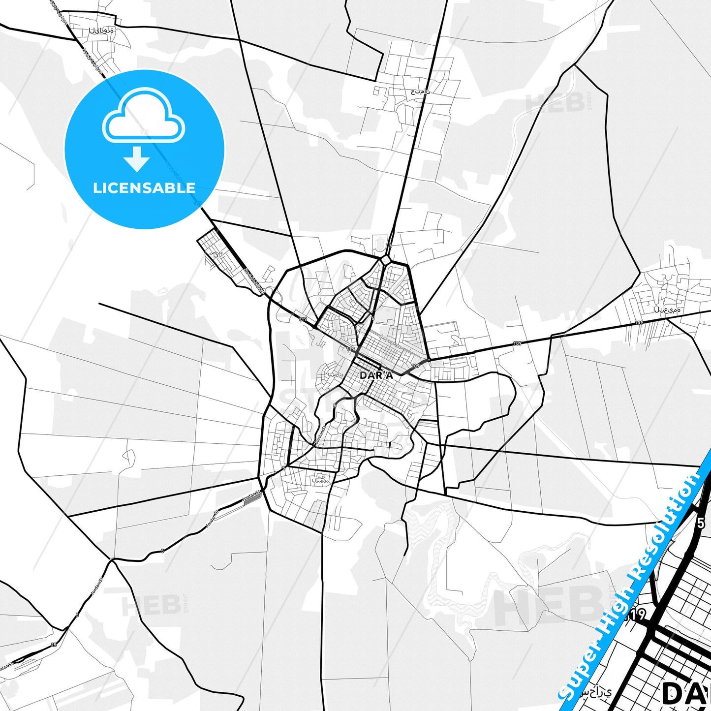 Daraa, Syria Light Map with Street Names, City Names, and Districts