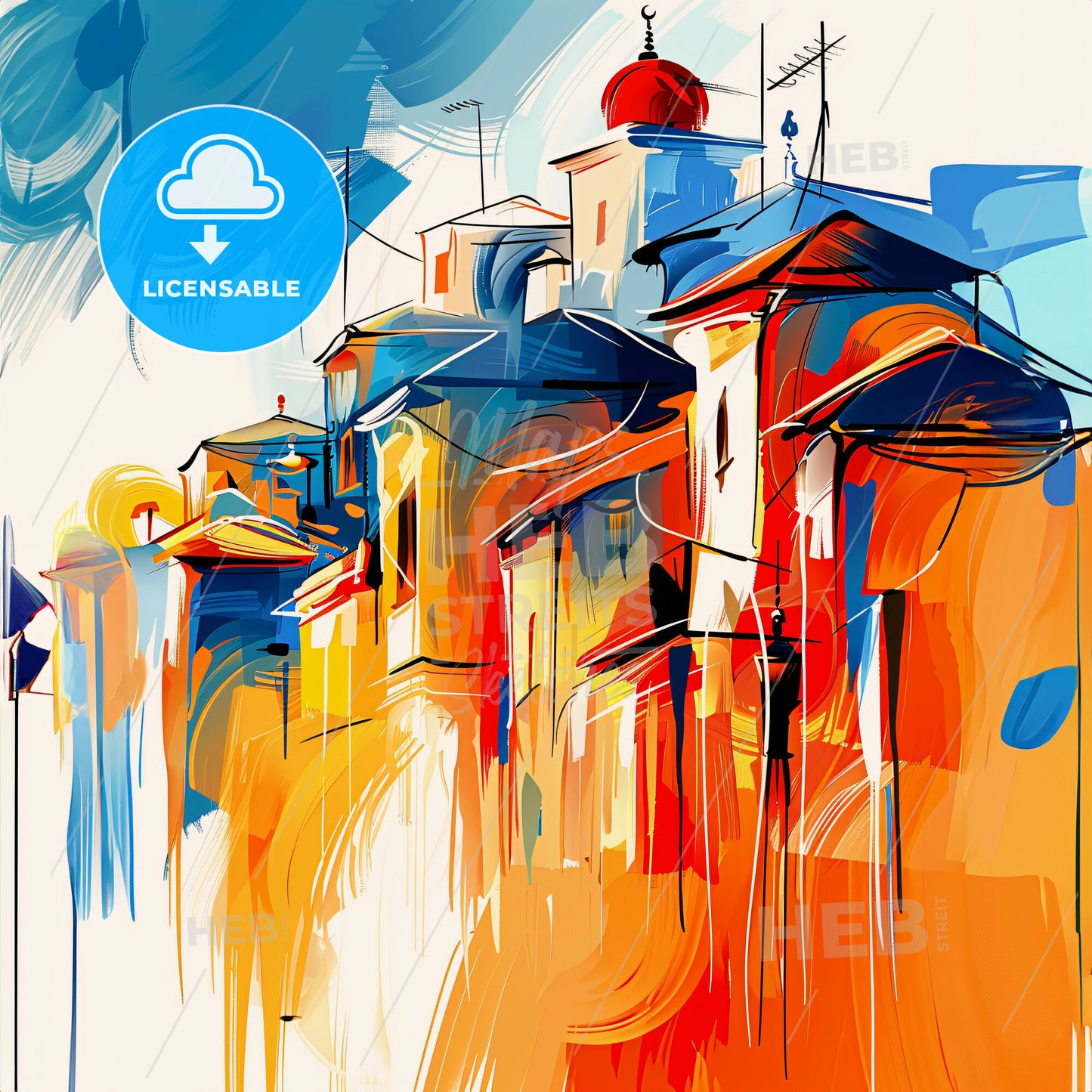 Vibrant Daraa, Syria - A Painting Of Buildings With Blue And Orange Colors