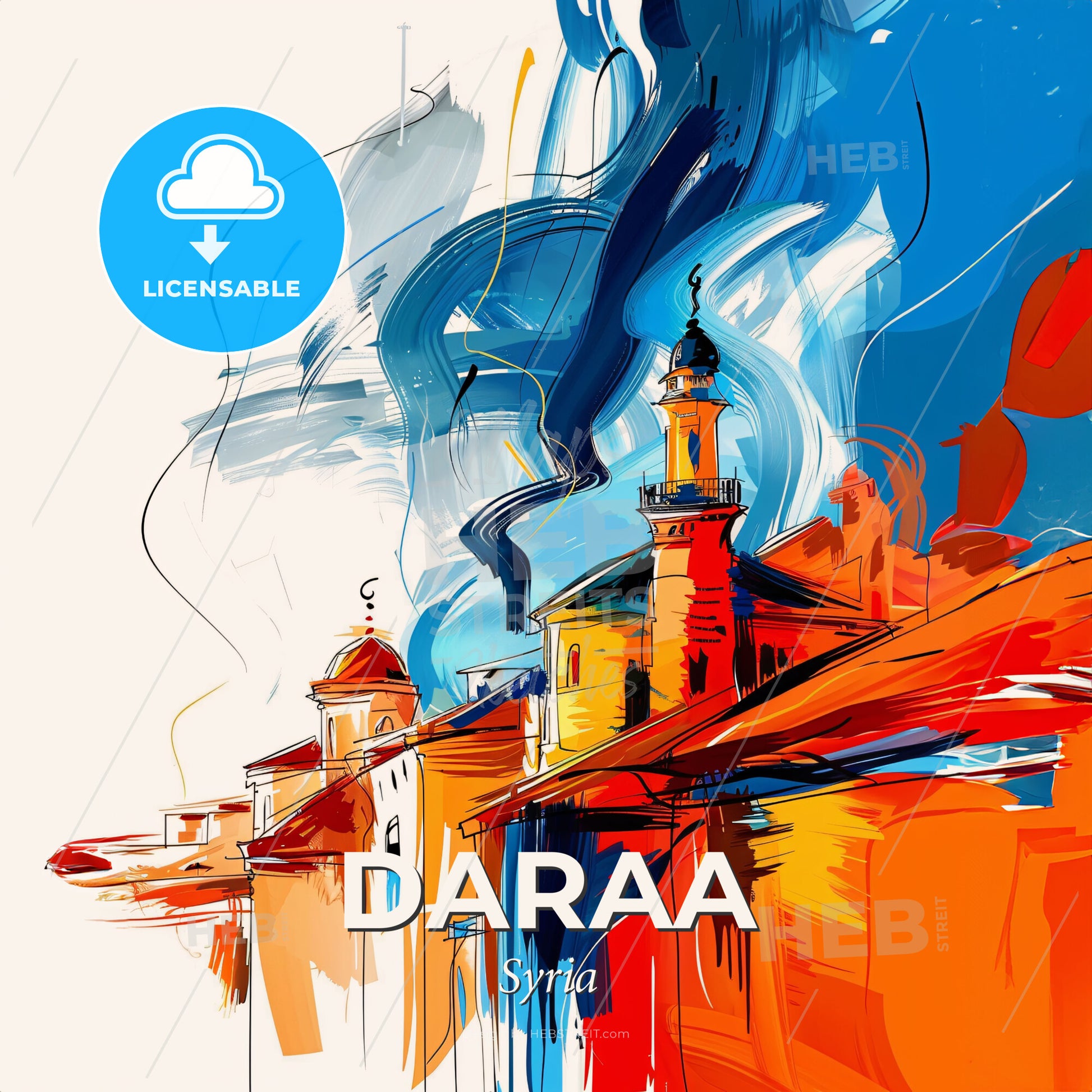 Vibrant Daraa, Syria - A Painting Of Buildings With Smoke Coming Out Of Them - Square format print template