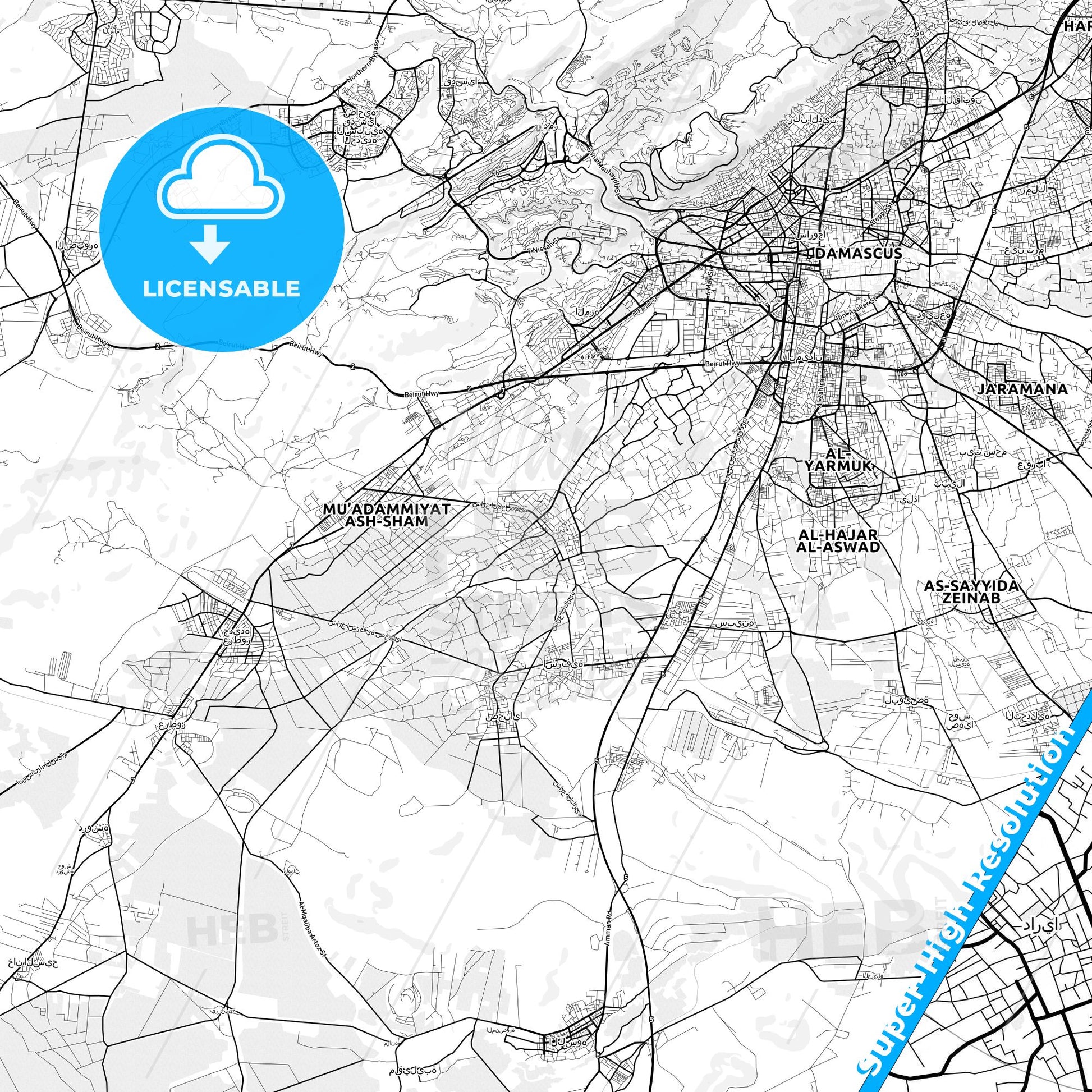 Darayya, Syria light map with streetnames, citynames and districts