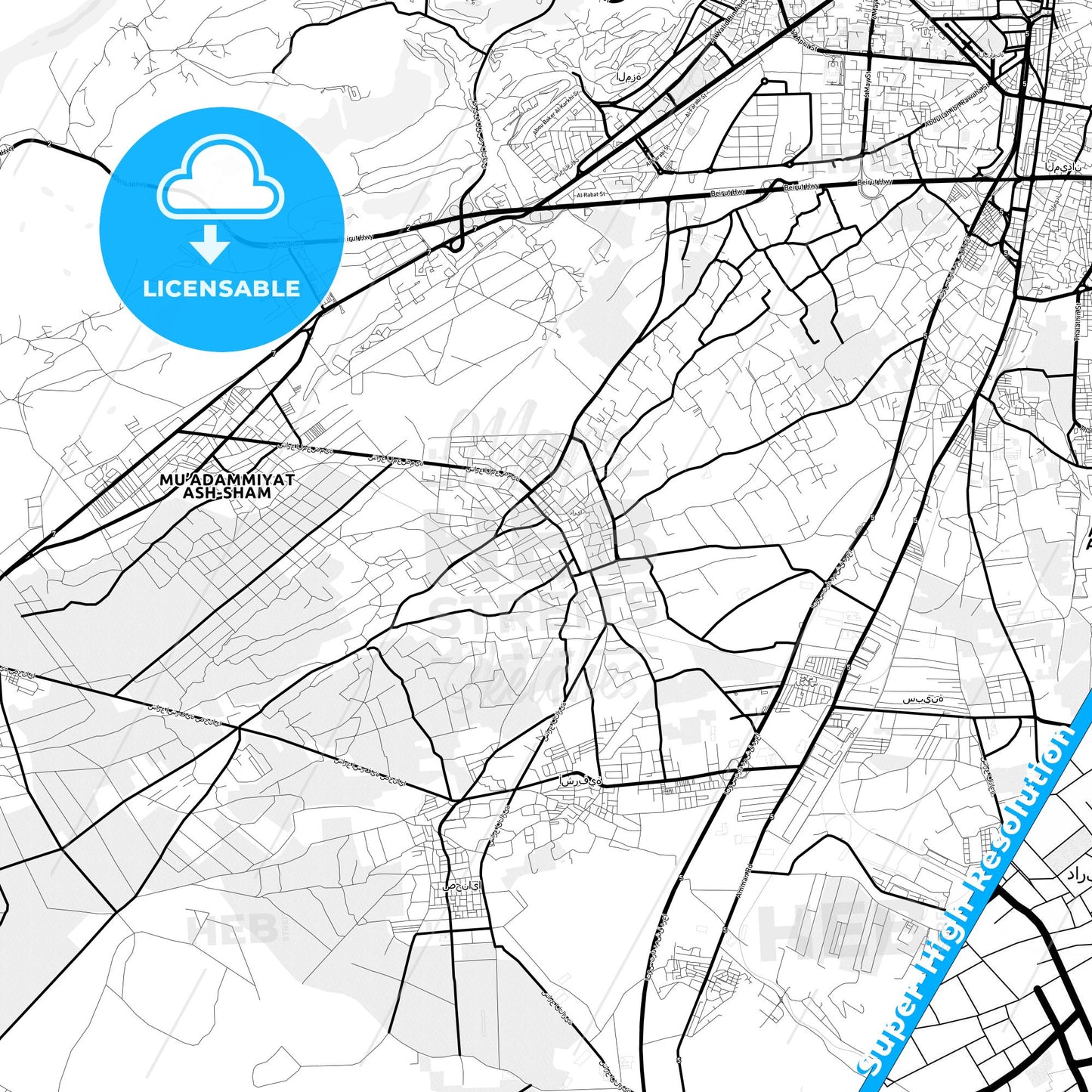 Darayya, Syria Light Map with Street Names, City Names, and Districts