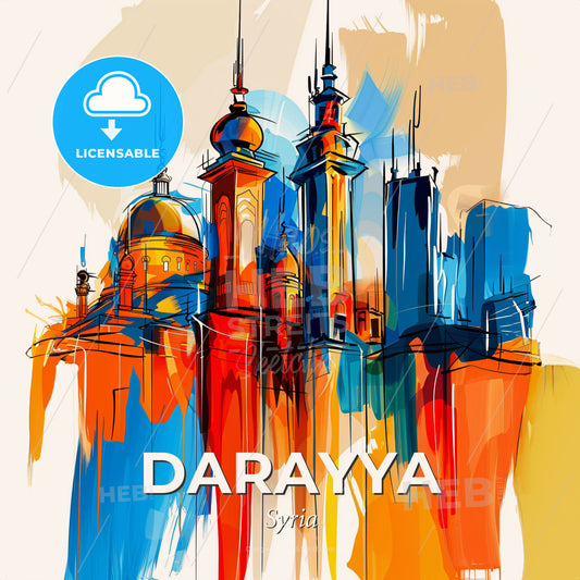 Vibrant Darayya, Syria - A Colorful Drawing Of A Building - Square format print template