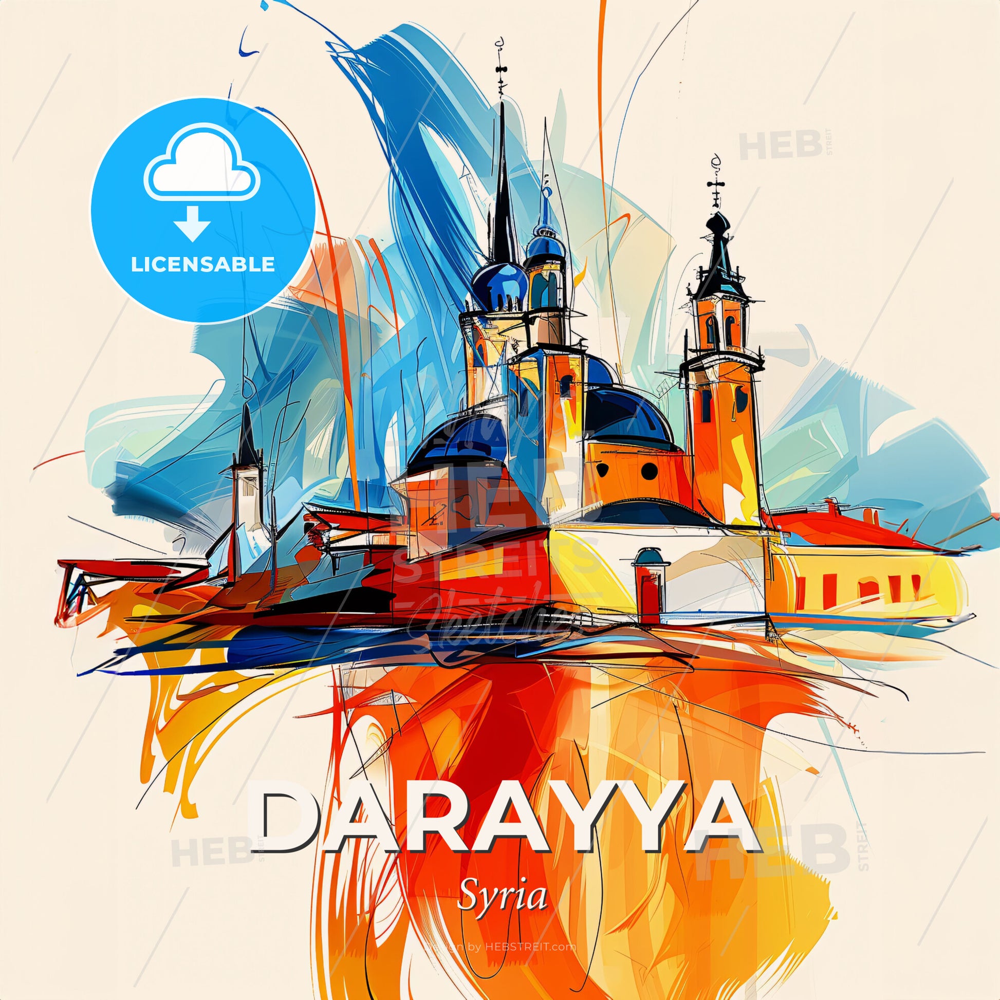 Vibrant Darayya, Syria - A Colorful Painting Of A Building - Square format print template
