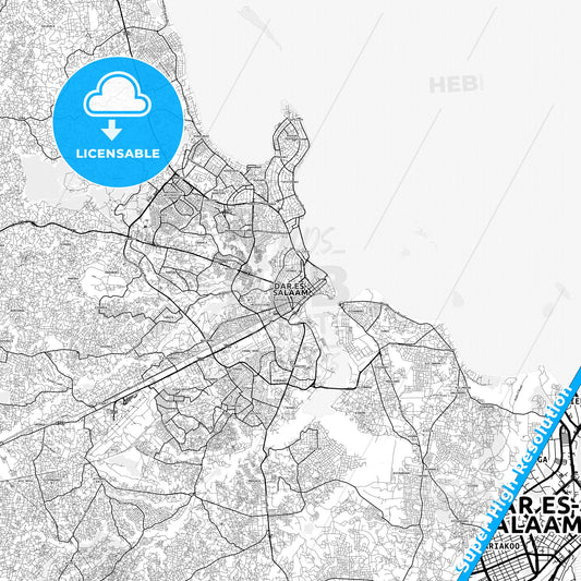 Dar es Salaam, Tanzania light map with streetnames, citynames and districts