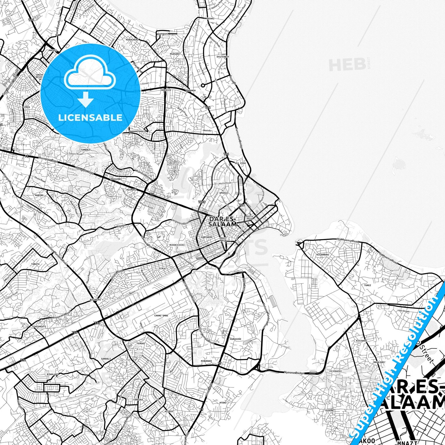 Dar es Salaam, Tanzania Light Map with Street Names, City Names, and Districts
