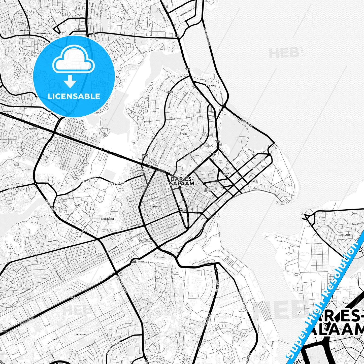 Dar es Salaam, Tanzania Light Map with Street Names, City Names, and Districts