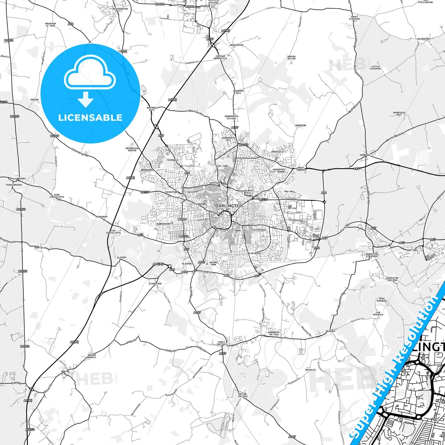 Darlington, England light map with streetnames, citynames and districts