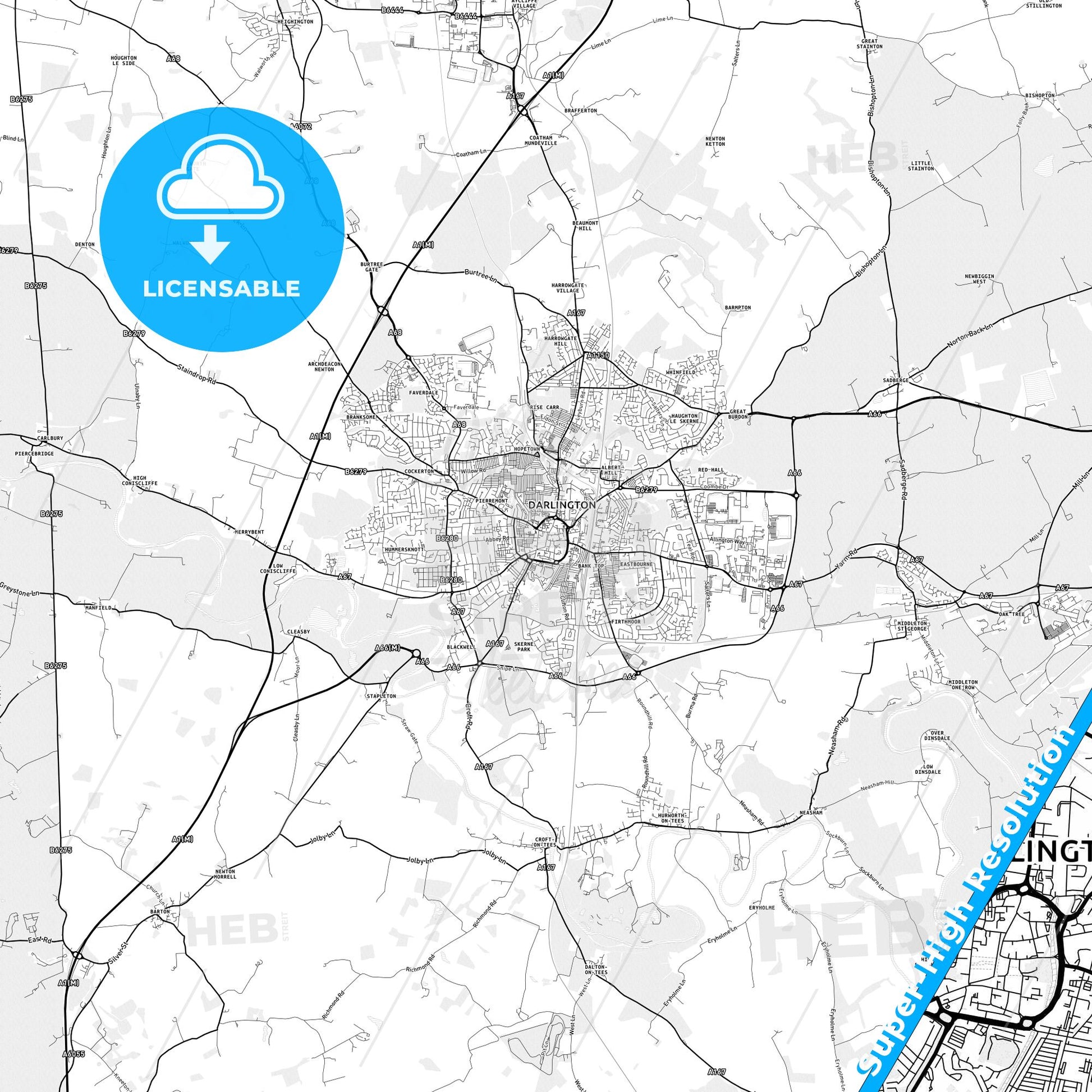 Darlington, England light map with streetnames, citynames and districts