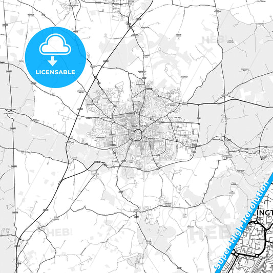 Darlington, England light map with streetnames, citynames and districts