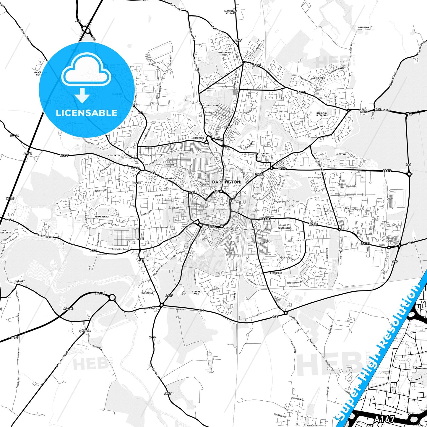 Darlington, England Light Map with Street Names, City Names, and Districts