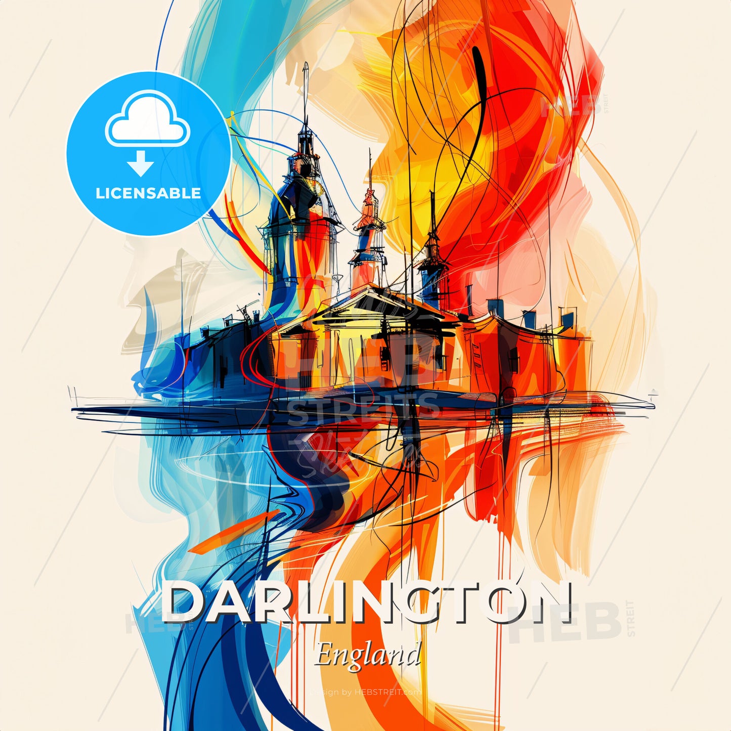 Vibrant Darlington, England - A Painting Of A Building With Colorful Swirls - Square format print template