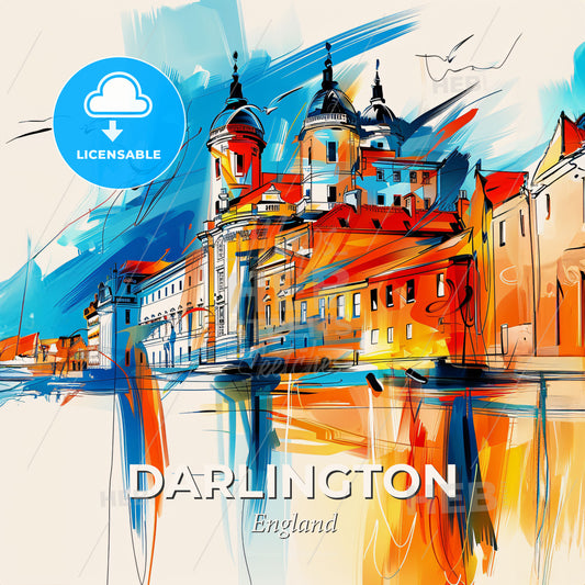 Vibrant Darlington, England - A Painting Of A Building With A Body Of Water - Square format print template