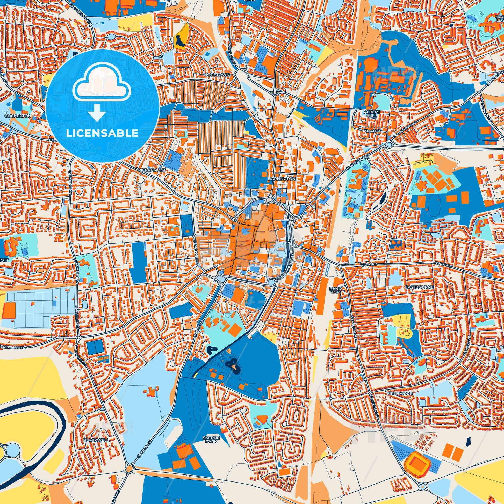 Colorful Darlington Street Map with Labels and Buildings