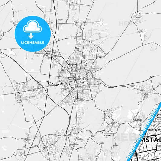 Darmstadt, Germany light map with streetnames, citynames and districts