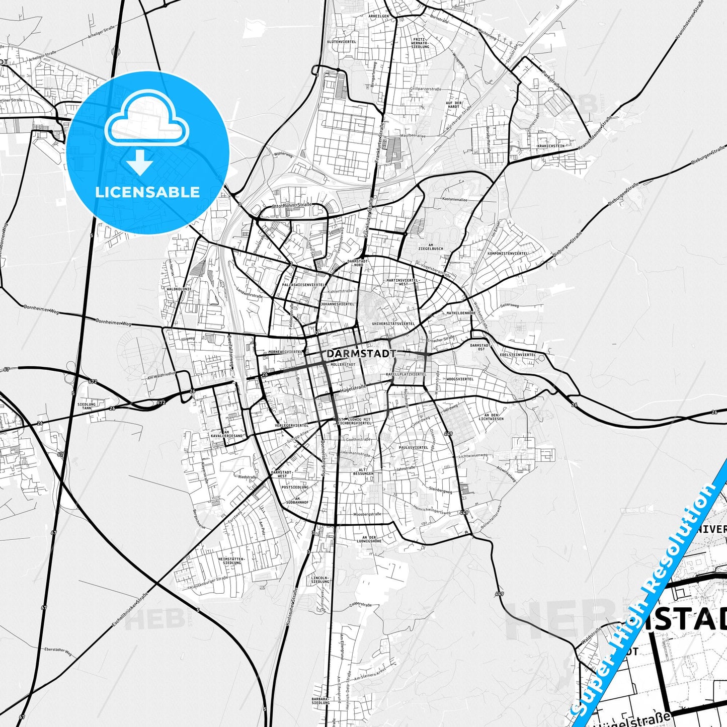 Darmstadt, Germany Light Map with Street Names, City Names, and Districts