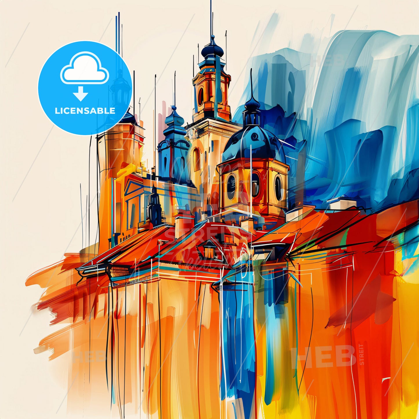 Vibrant Darmstadt, Germany - A Painting Of A Building With Towers