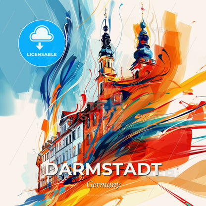 Vibrant Darmstadt, Germany - A Building With Towers And A Colorful Background - Square format print template