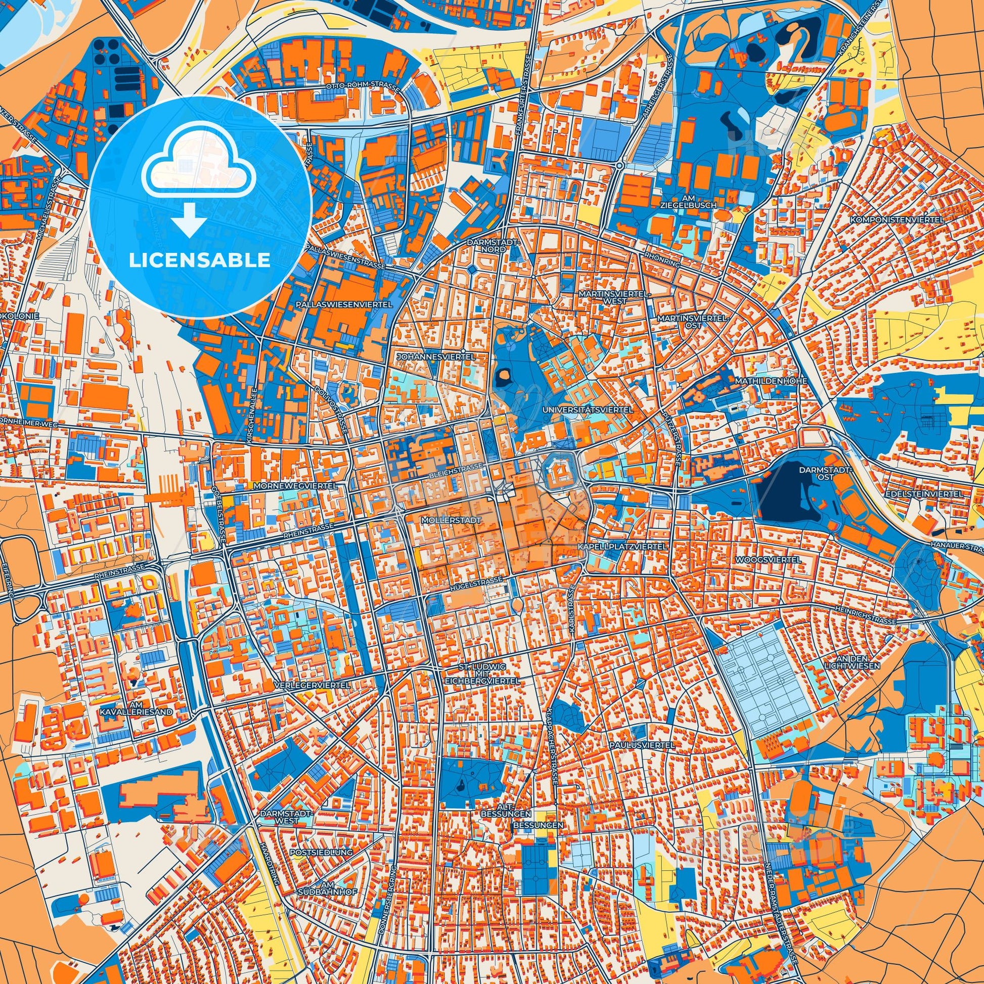 Colorful Darmstadt Street Map with Labels and Buildings