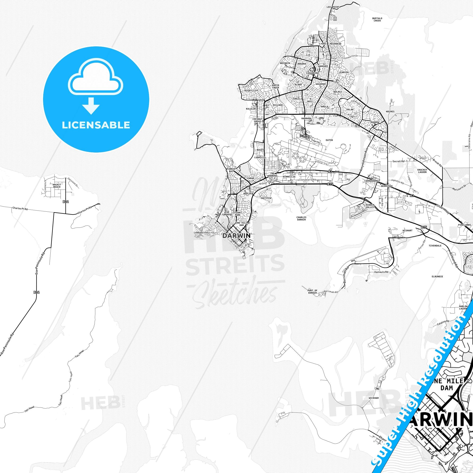 Darwin Postcodes Darwin, Australia light map with streetnames, citynames and districts ...