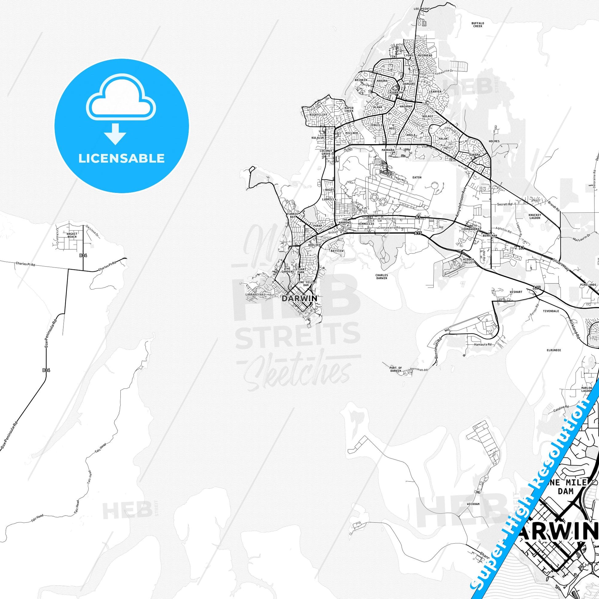 Darwin, Australia light map with streetnames, citynames and districts