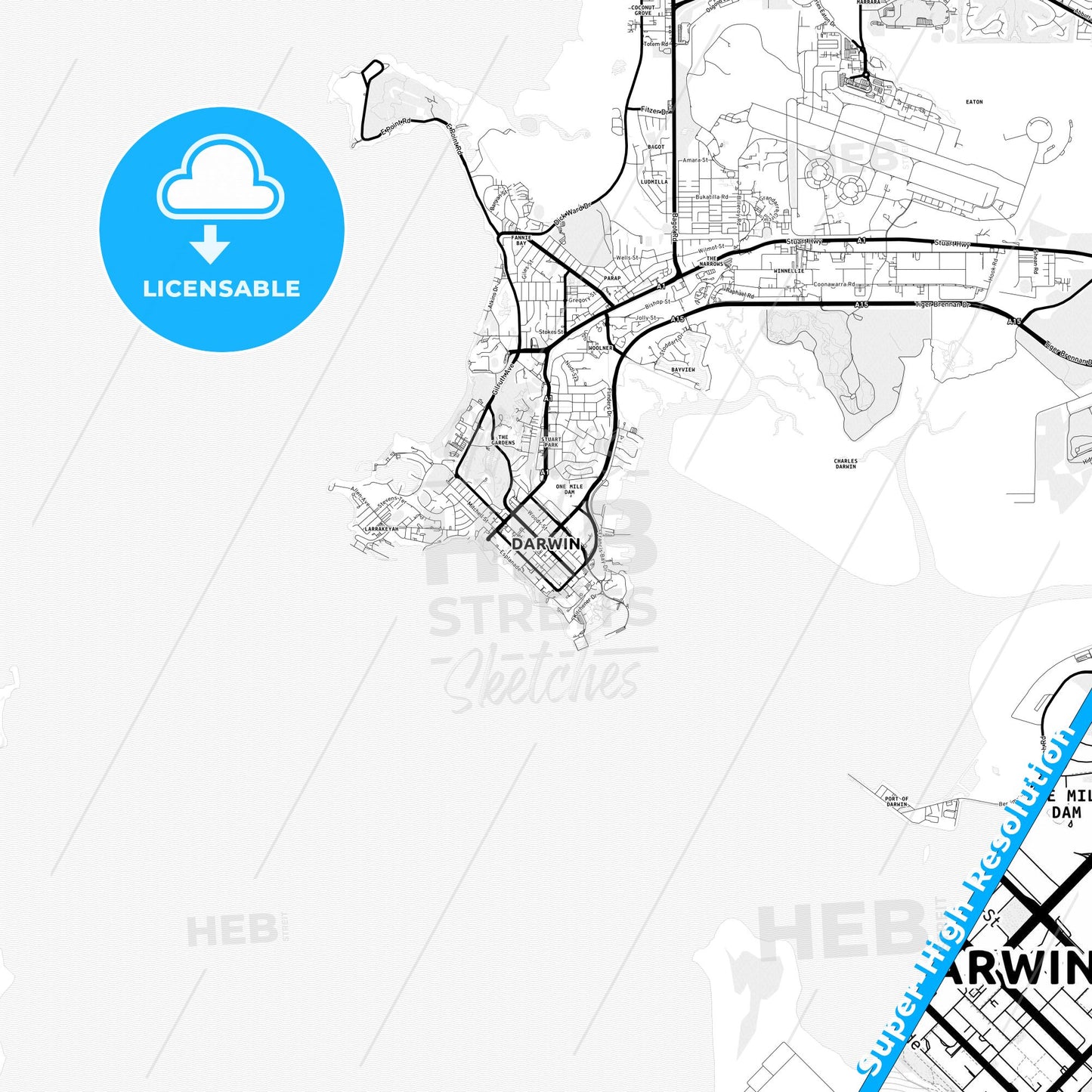 Darwin, Australia Light Map with Street Names, City Names, and Districts