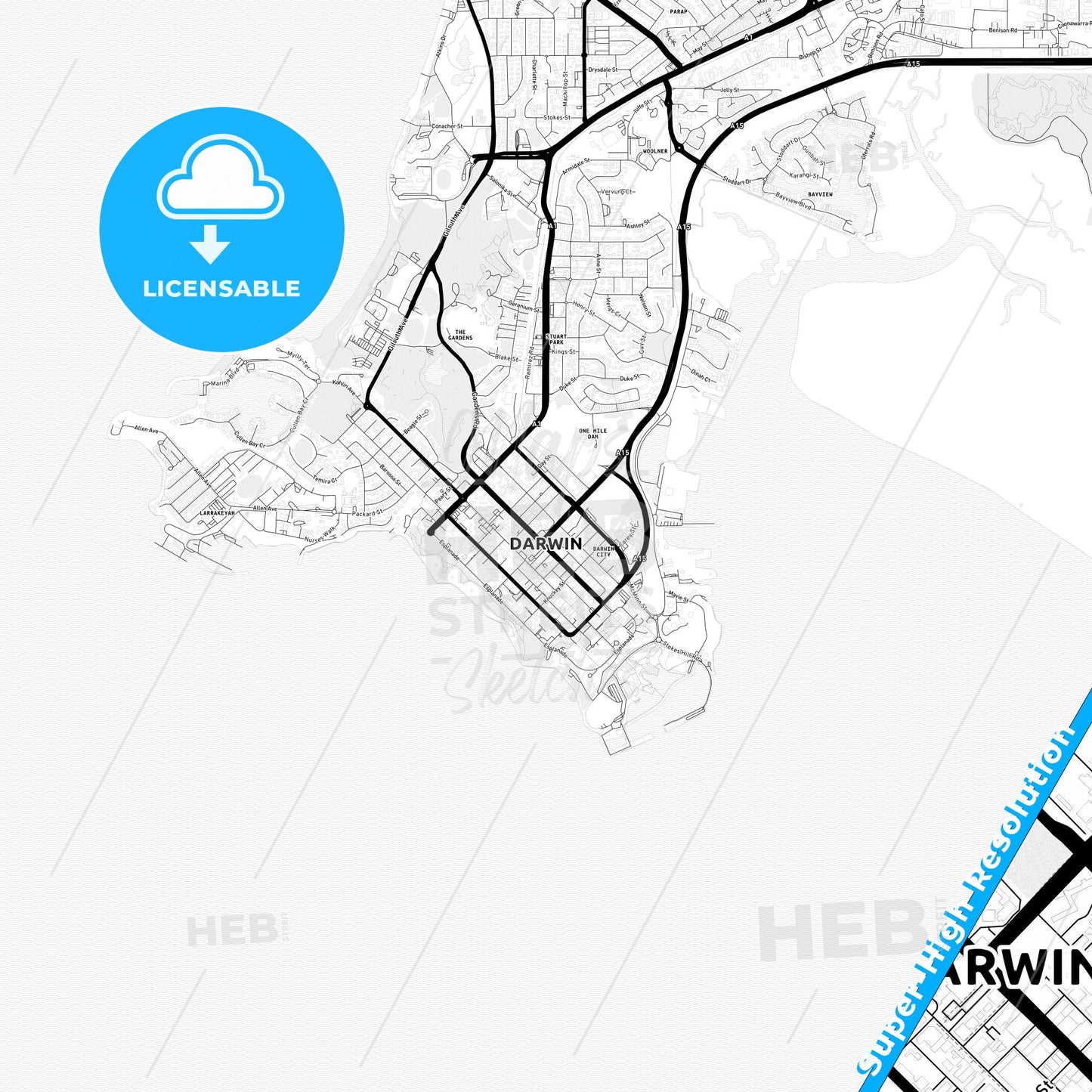 Darwin, Australia Light Map with Street Names, City Names, and Districts